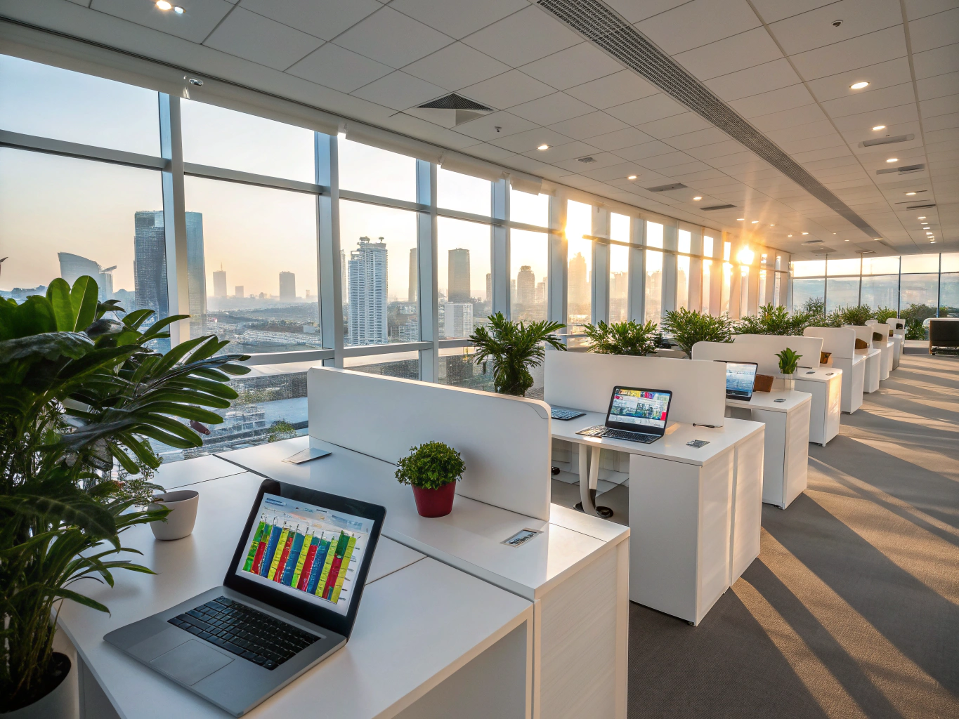 Modern commercial workspace illuminated by bright, energy-efficient LED lighting