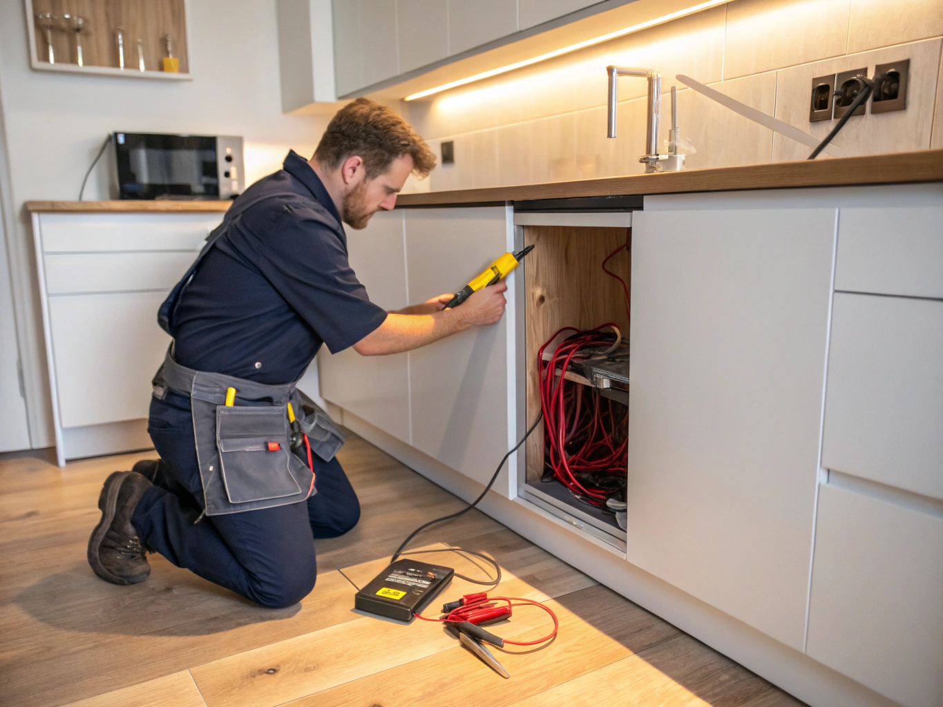 Professional domestic electrician working in a home