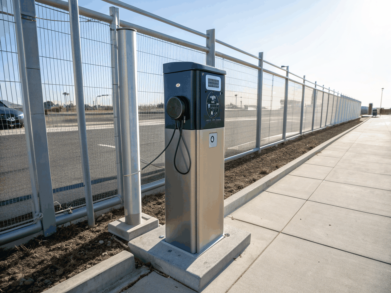 Dual socket pedestal EV charger in a commercial parking lot