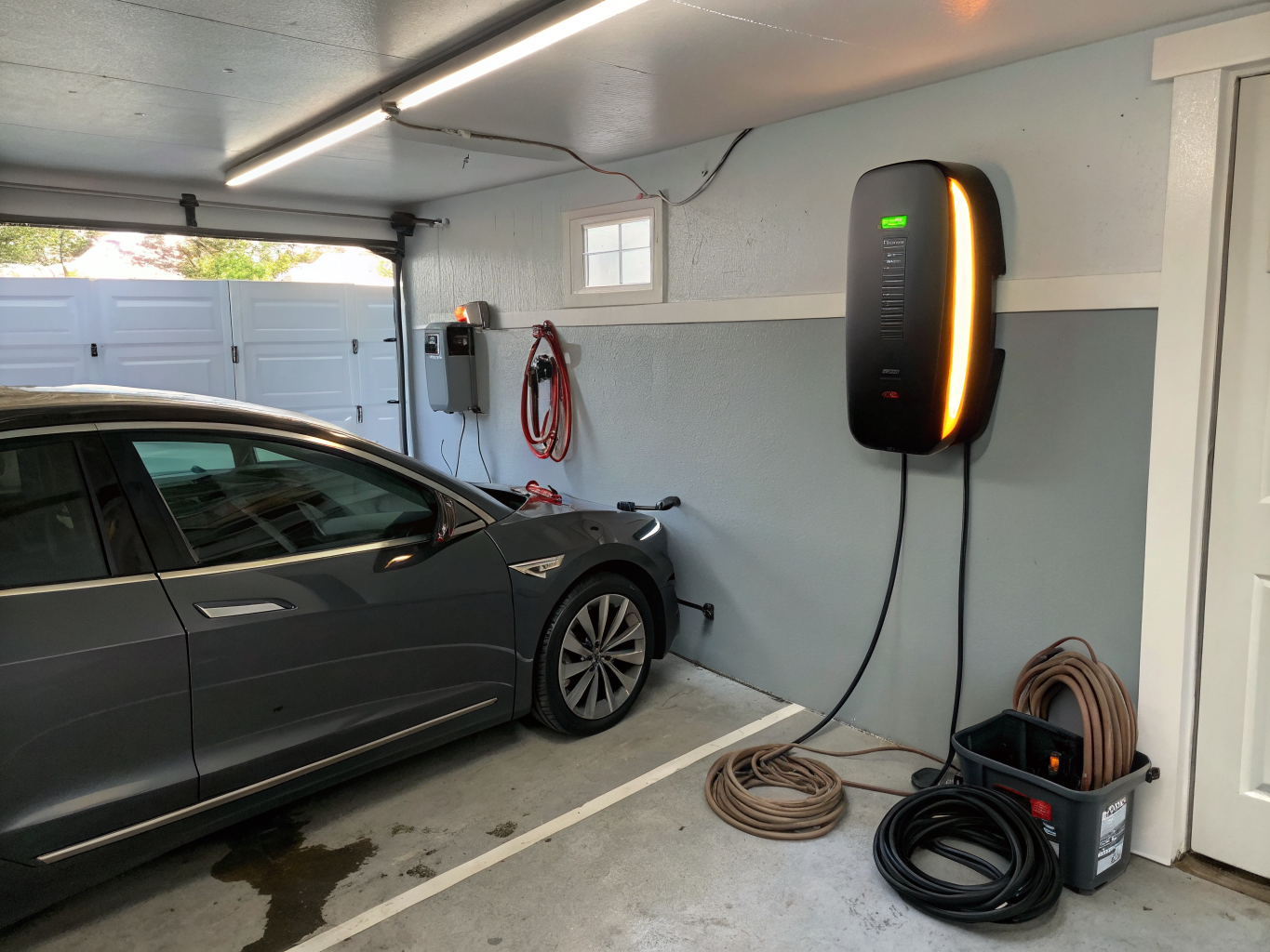 Wall-mounted EV charger installed on a brick wall